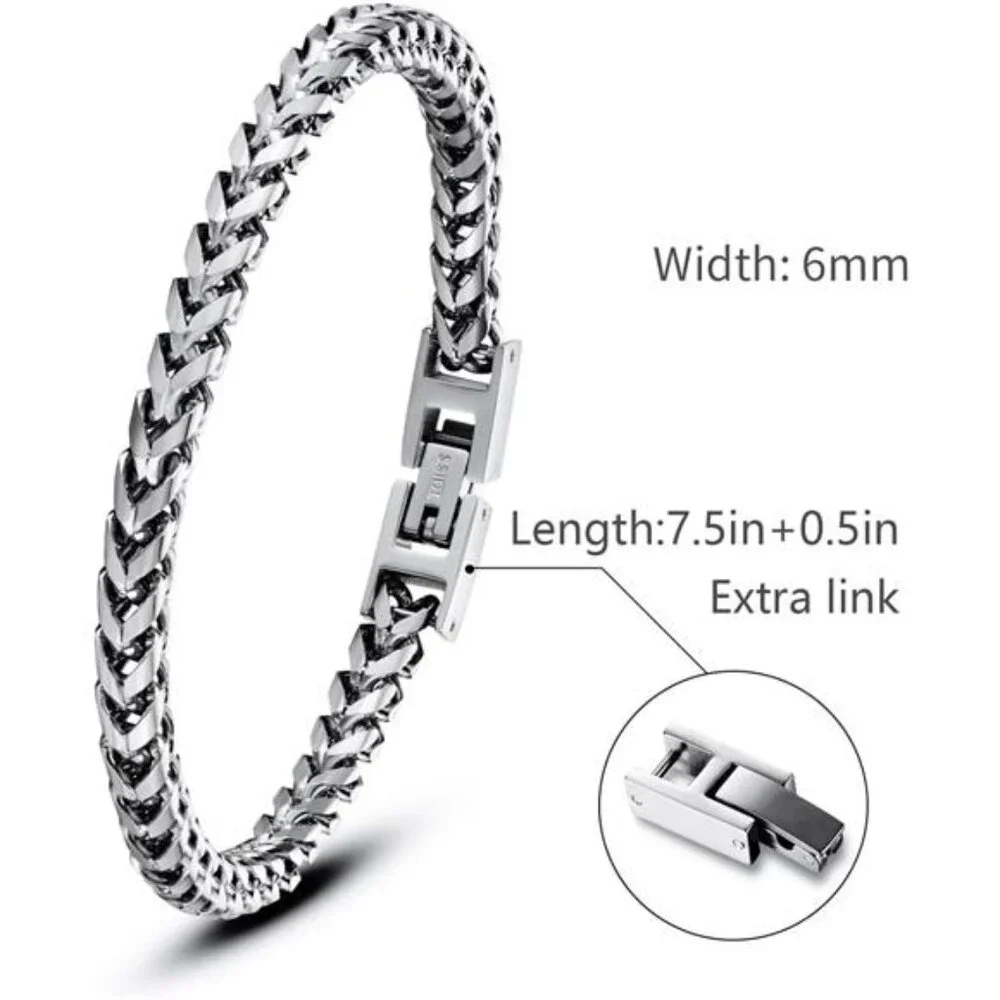 Mens Bracelet - Stainless Steel Fold Over Clasp Franco Chain Bracelets for Men
